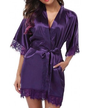 Robes Women's Bathrobe- Women Nightdress Lace Lingerie Sleepwear Dress Robe Nightie Gown Bathrobe Kimono Satin Robes-Purple-L...