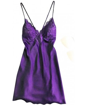 Slips Lingerie for Women- Fashion Women Solid Lace Teddy Lingerie Sexy Deep V Neck One Piece Nightdress Underwear - Purple - ...