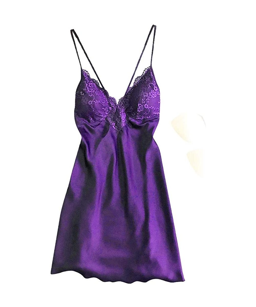 Slips Lingerie for Women- Fashion Women Solid Lace Teddy Lingerie Sexy Deep V Neck One Piece Nightdress Underwear - Purple - ...