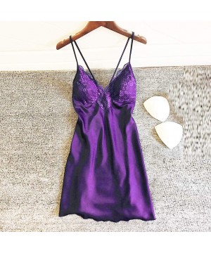 Slips Lingerie for Women- Fashion Women Solid Lace Teddy Lingerie Sexy Deep V Neck One Piece Nightdress Underwear - Purple - ...