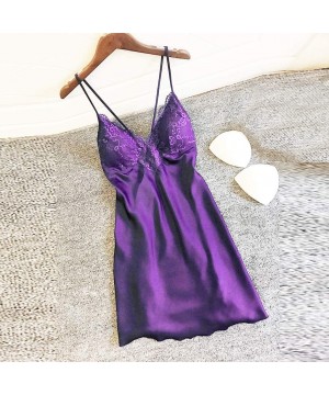 Slips Lingerie for Women- Fashion Women Solid Lace Teddy Lingerie Sexy Deep V Neck One Piece Nightdress Underwear - Purple - ...