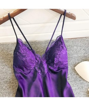 Slips Lingerie for Women- Fashion Women Solid Lace Teddy Lingerie Sexy Deep V Neck One Piece Nightdress Underwear - Purple - ...