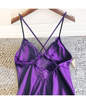 Slips Lingerie for Women- Fashion Women Solid Lace Teddy Lingerie Sexy Deep V Neck One Piece Nightdress Underwear - Purple - ...