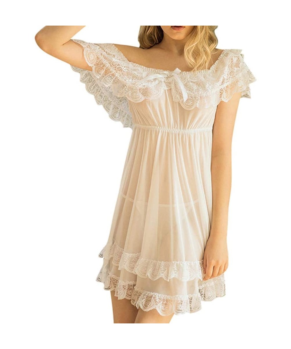 Nightgowns & Sleepshirts Women's Short Sleeve Lace Satin Vintage Nightdress Pajamas Nightwear Sleepwear - White - C1199UUE3SY