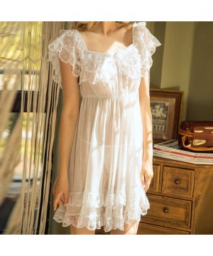 Nightgowns & Sleepshirts Women's Short Sleeve Lace Satin Vintage Nightdress Pajamas Nightwear Sleepwear - White - C1199UUE3SY