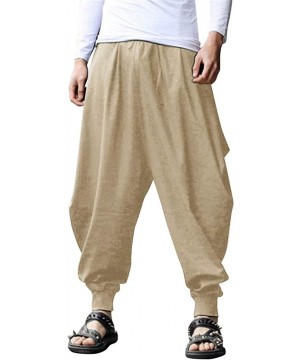 Sleep Bottoms Men Cotton Linen Yoga Pant Casual Drawstring Loose Fit Baggy Harem Pant - 3 - Khaki - CJ190X9AMQQ