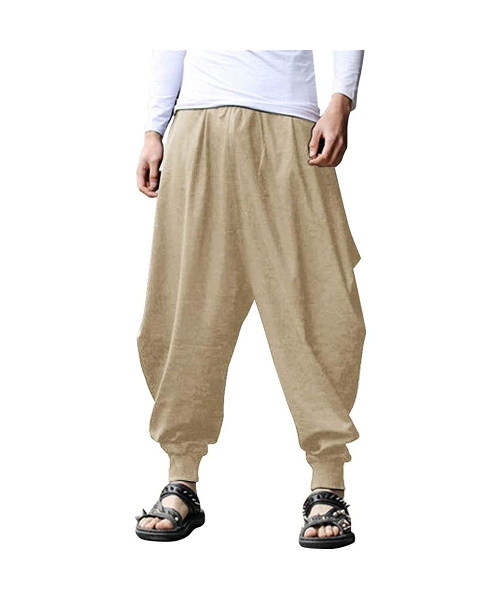 Sleep Bottoms Men Cotton Linen Yoga Pant Casual Drawstring Loose Fit Baggy Harem Pant - 3 - Khaki - CJ190X9AMQQ