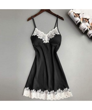 Nightgowns & Sleepshirts Women's Silky Sleepwear V Neck Pajama with Chest Pads Sexy Floral Lace Nightwear - Black - CN1958L3DLR