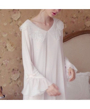 Nightgowns & Sleepshirts Women's Long Sleeve Vintage Sleep Dress Victorian V Neck Sheer Lace Nightgown - Pink - CL18OXGON8W