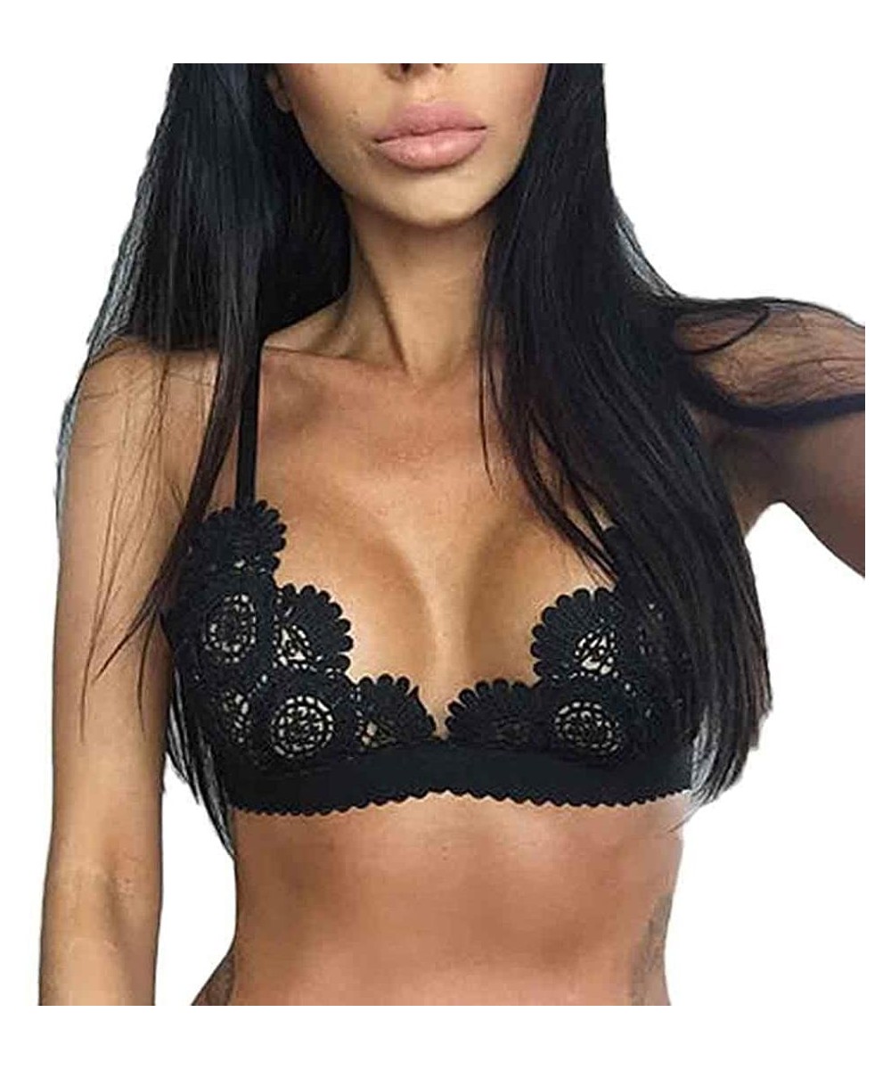 Bras Women Sexy Lingerie Bra-Lelili Strap Push Up Deep V Ultrathin Underwire Padded Floral Lace Brassiere Bra - Black-2 - CH1...