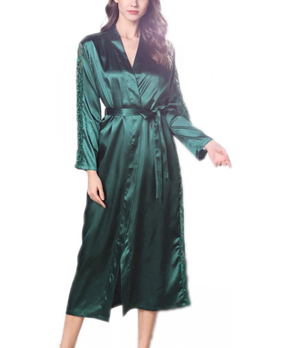 Robes Women Elegant Robes Satin Lace Trim Sexy Kimono Robes Long Sleeve Sleepwear-Green-XL - Green - CL198KUD3DA