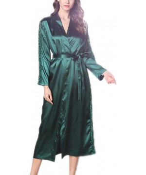 Robes Women Elegant Robes Satin Lace Trim Sexy Kimono Robes Long Sleeve Sleepwear-Green-XL - Green - CL198KUD3DA