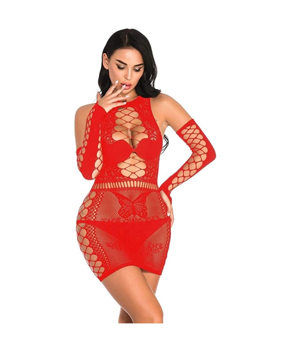 Baby Dolls & Chemises Sexy Women Fishnet Rhinestone Lingerie Backless Underwear Nightdress - Red - CT18YYUHG9E