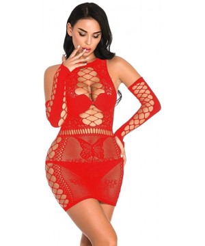 Baby Dolls & Chemises Sexy Women Fishnet Rhinestone Lingerie Backless Underwear Nightdress - Red - CT18YYUHG9E