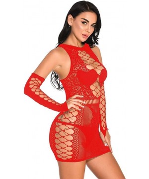 Baby Dolls & Chemises Sexy Women Fishnet Rhinestone Lingerie Backless Underwear Nightdress - Red - CT18YYUHG9E