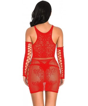 Baby Dolls & Chemises Sexy Women Fishnet Rhinestone Lingerie Backless Underwear Nightdress - Red - CT18YYUHG9E