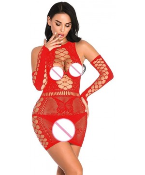 Baby Dolls & Chemises Sexy Women Fishnet Rhinestone Lingerie Backless Underwear Nightdress - Red - CT18YYUHG9E