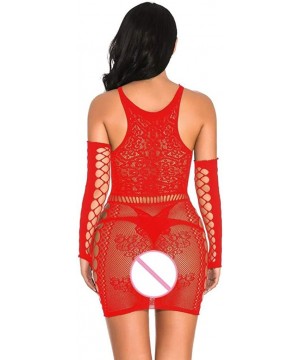 Baby Dolls & Chemises Sexy Women Fishnet Rhinestone Lingerie Backless Underwear Nightdress - Red - CT18YYUHG9E