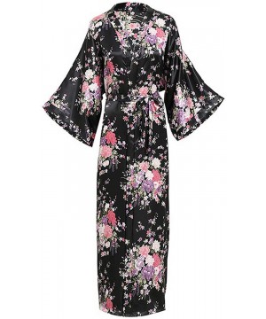 Robes Women Long Robe Print Flower Peacock Kimono Bathrobe Gown Bride Bridesmaid Wedding Robes Sexy Sleepwear Black Flower a ...