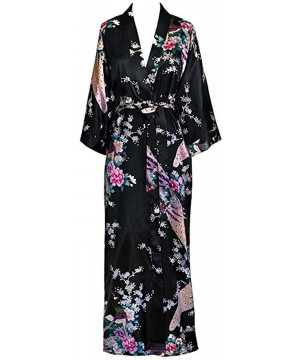 Robes Women Long Robe Print Flower Peacock Kimono Bathrobe Gown Bride Bridesmaid Wedding Robes Sexy Sleepwear Black Flower a ...