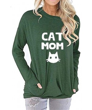 Thermal Underwear Cat Mom Women's Tops-Long Sleeve Letter Cat Print Pocket Round Neck Sweatshirt - A-green - CG193Z3XDDI