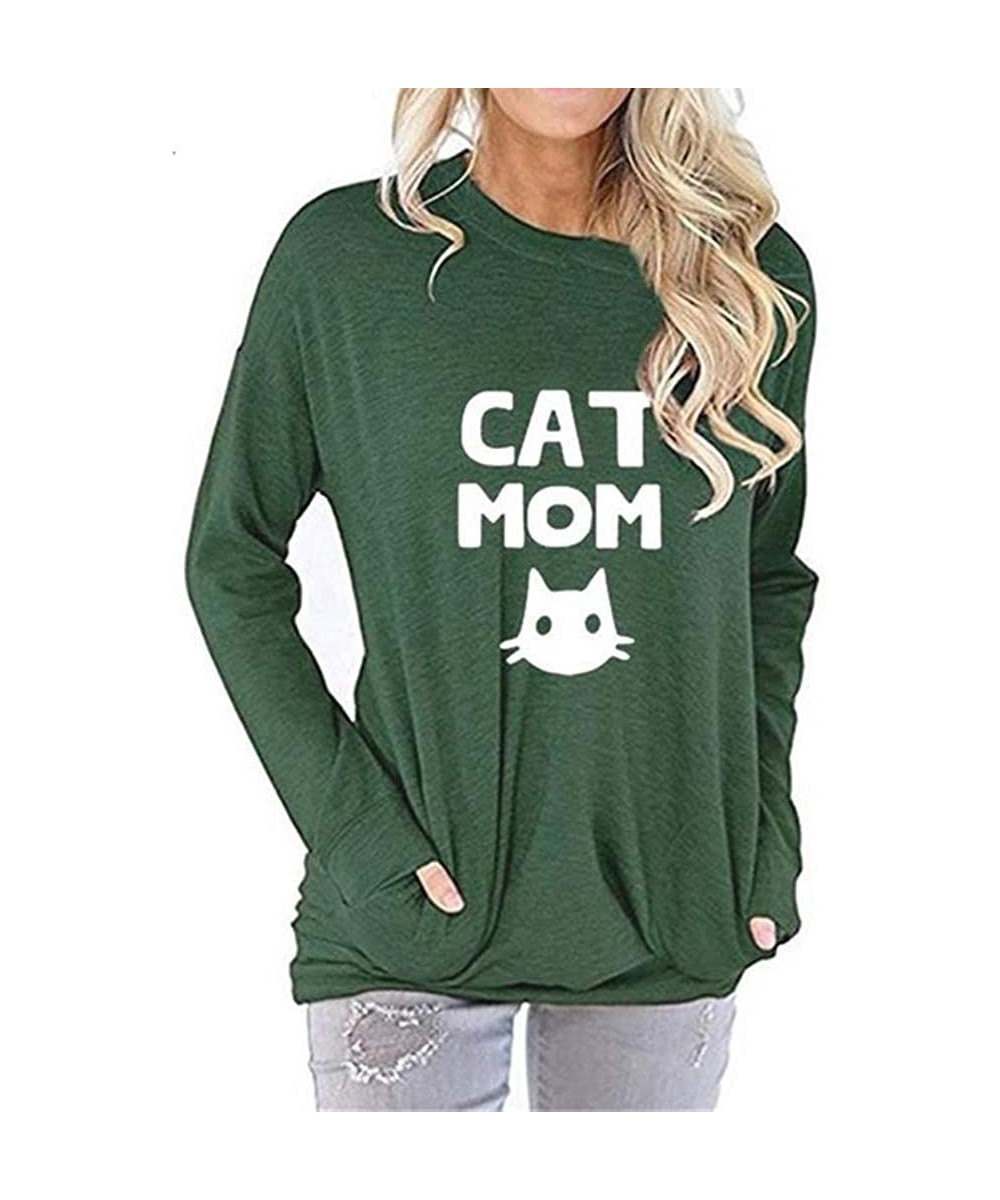 Thermal Underwear Cat Mom Women's Tops-Long Sleeve Letter Cat Print Pocket Round Neck Sweatshirt - A-green - CG193Z3XDDI