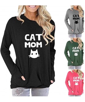 Thermal Underwear Cat Mom Women's Tops-Long Sleeve Letter Cat Print Pocket Round Neck Sweatshirt - A-green - CG193Z3XDDI