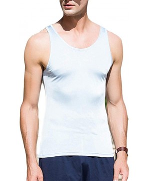 Undershirts Men's 100% Pure Silk Knitted T-Shirt Undershirts Slim Casual Tee Tops - Light Blue 2 - C918SW2I74L