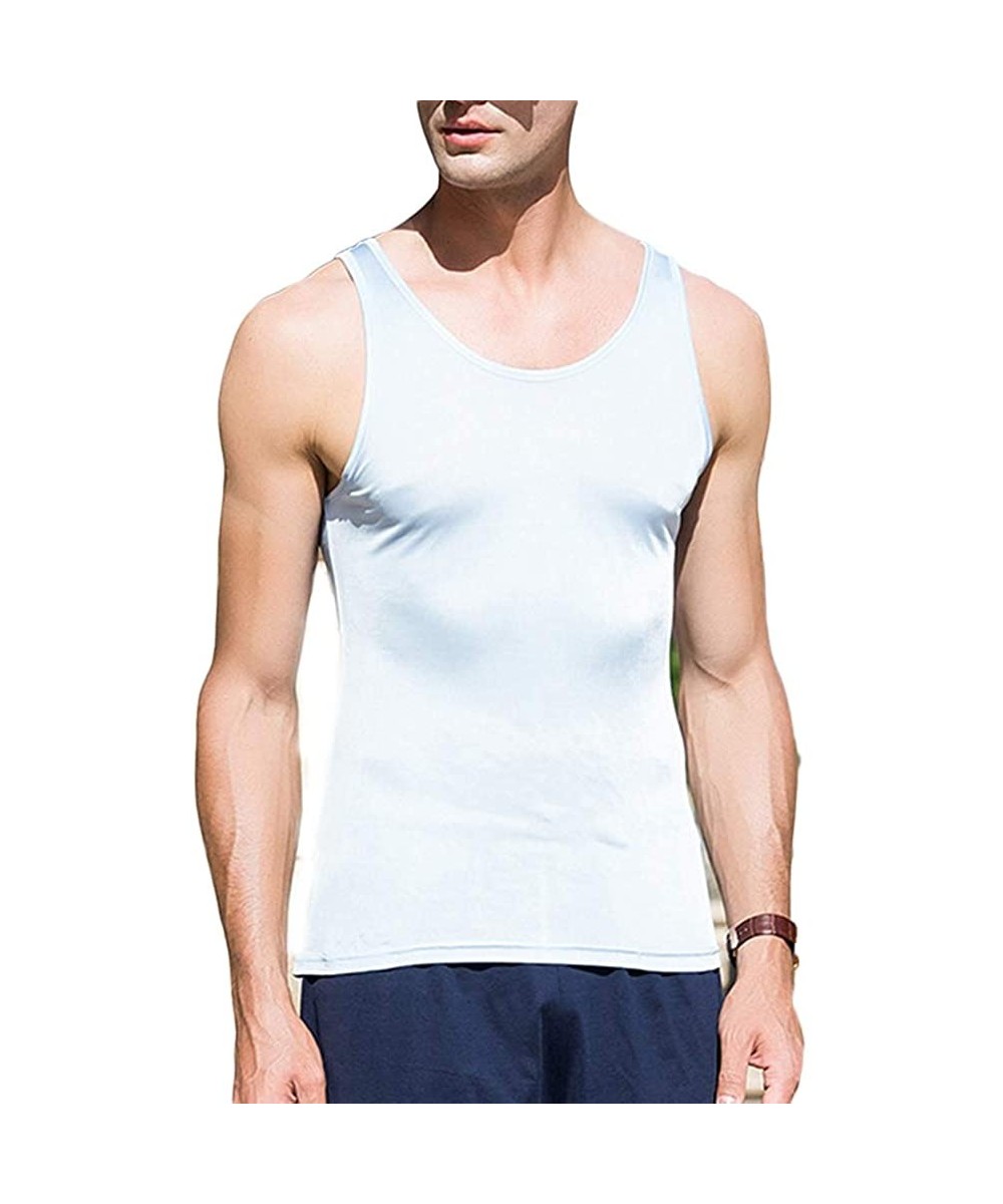 Undershirts Men's 100% Pure Silk Knitted T-Shirt Undershirts Slim Casual Tee Tops - Light Blue 2 - C918SW2I74L