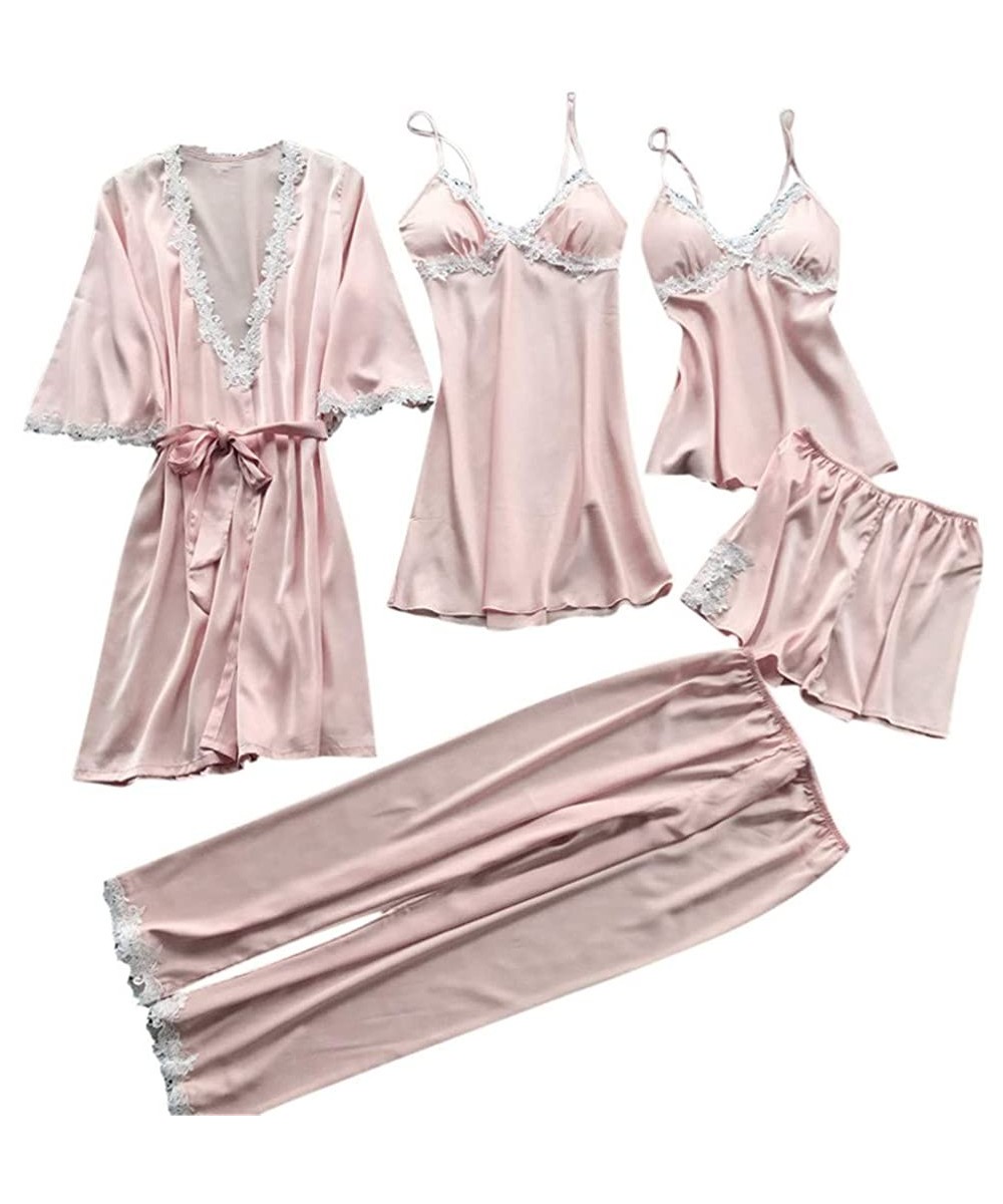 Baby Dolls & Chemises Women Lace Lingerie-Fitfulvan Sexy Nightwear Underwear Babydoll Sleepwear Dress 5PC Suit - Pink - C318O...