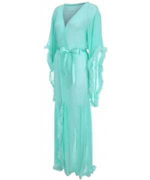 Robes Sexy Long Lingerie Kimono Robe Bathrobe Sleepwear Feather Bridal Robe Wedding Mesh Nightgown with Belt - Green - CD18QO...