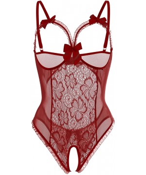 Baby Dolls & Chemises Lingerie for Women Sexy Teddy One-Piece Lace Babydoll Bodysuit Nightie Plus Size - Wine Red - C318T0QT64A