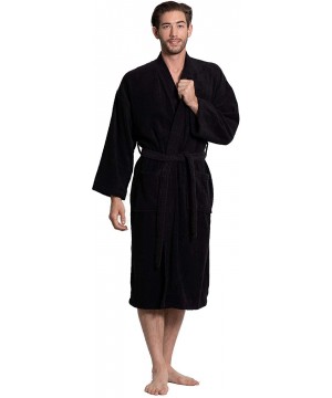 Robes Men's Terry Cloth Robe Turkish Cotton Terry Kimono Collar - Black - C3189MDTMD3