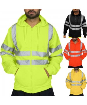 Thermal Underwear Mens Visibility Hoodie Road Work High Pullover Reflective Strip Sweatshirt Coat - A-yellow - CL18A2NYT4E