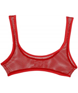 Camisoles & Tanks Women's Sheer Fishnet Bralette Deep U Camisole See Through Tank Crop Tops Clubwear - Red - CE19CLSDI62