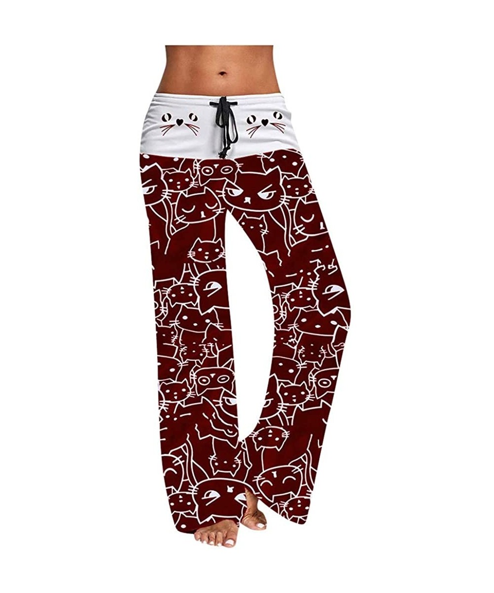 Bottoms Comfy Casual Pajama Pants Floral Print Drawstring Palazzo Lounge Pants Wide Leg - Wine Red - CT1947EGCC4