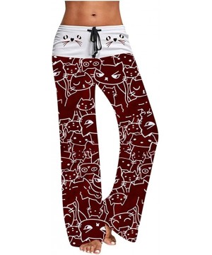 Bottoms Comfy Casual Pajama Pants Floral Print Drawstring Palazzo Lounge Pants Wide Leg - Wine Red - CT1947EGCC4