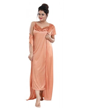 Robes Multicolor Satin Solid Women Nighty with Robe (Free Size) - Peach - C619CL633SW