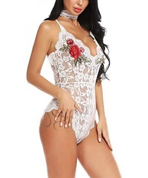 Sets Women Lace Lingerie Bodysuit Sexy Teddy Sheer Babydoll Double Layer Lace Lingerie with Collar - White - CK18Z2KI4XW