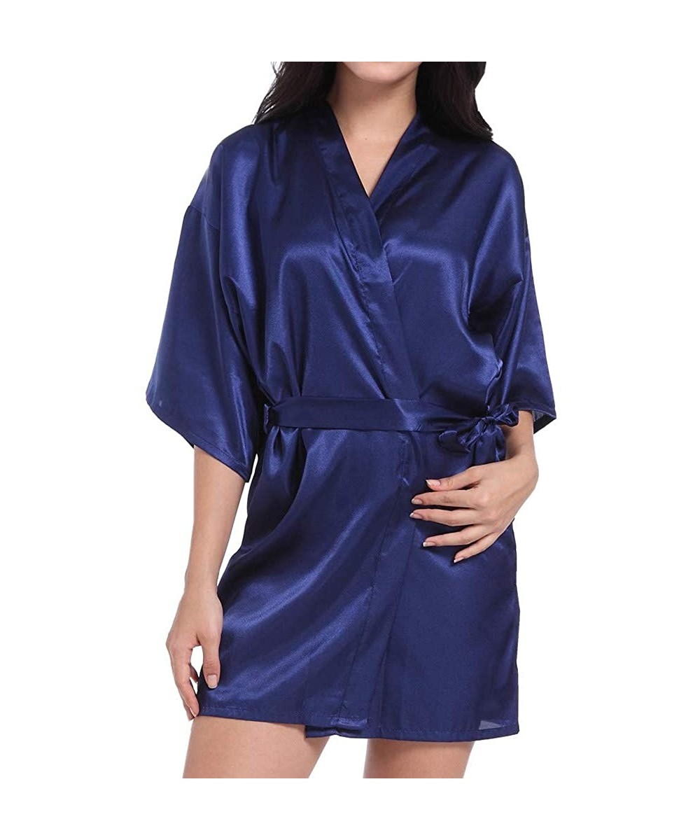 Robes Women Satin Kimono Robe Sexy Pure Color V-Neck Silky Bathrobe Nightgown Sleepwear - Dark Blue - CL194TE259M