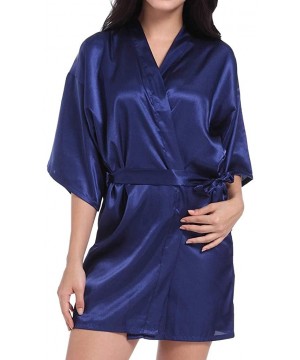 Robes Women Satin Kimono Robe Sexy Pure Color V-Neck Silky Bathrobe Nightgown Sleepwear - Dark Blue - CL194TE259M