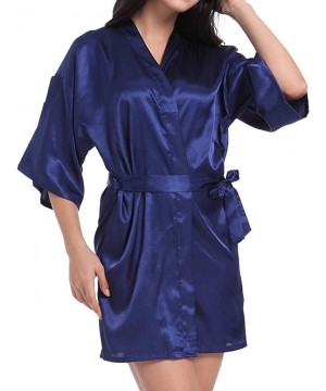 Robes Women Satin Kimono Robe Sexy Pure Color V-Neck Silky Bathrobe Nightgown Sleepwear - Dark Blue - CL194TE259M