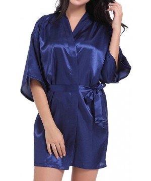 Robes Women Satin Kimono Robe Sexy Pure Color V-Neck Silky Bathrobe Nightgown Sleepwear - Dark Blue - CL194TE259M