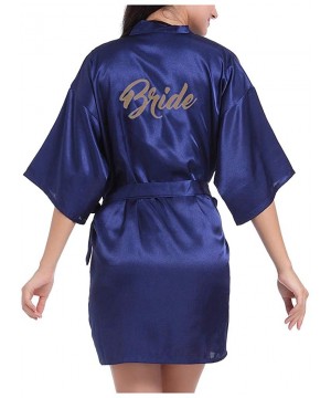 Robes Women Satin Kimono Robe Sexy Pure Color V-Neck Silky Bathrobe Nightgown Sleepwear - Dark Blue - CL194TE259M