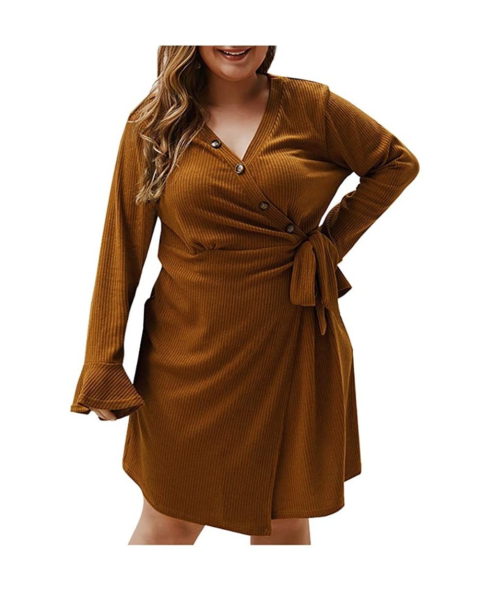 Thermal Underwear Plus Size Dress Womens V-Neck Pure Color Long Sleeves Bandage Button Mini Easy Dress - Brown - CT194KG5NM3