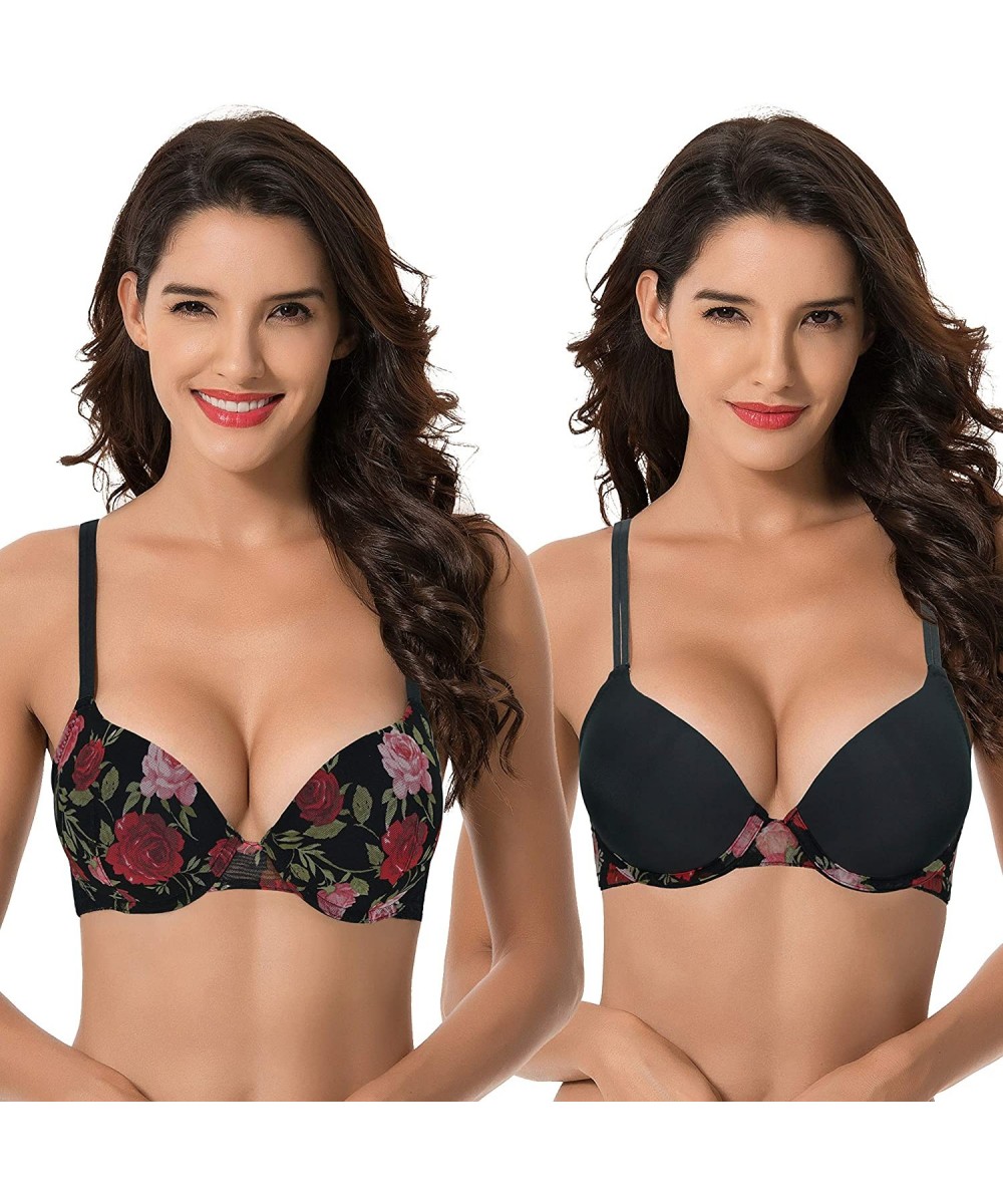 Bras Women's Plus Size Perfect Shape Add 1 Cup Push Up Underwire Bras - Black Print- Black(2 Pack) - CT18X7ZENRN