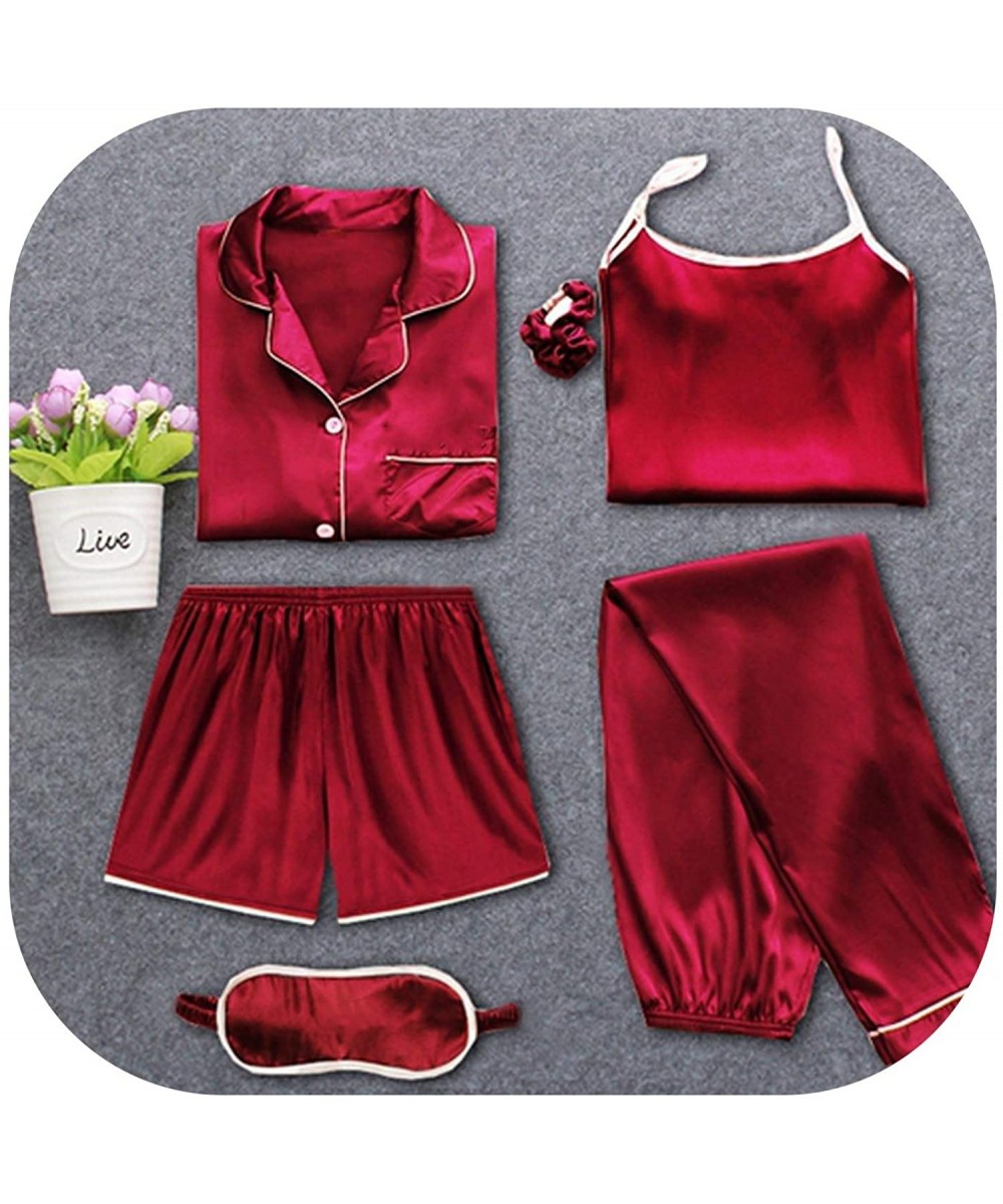 Sets 7 Pieces Pink Pajamas Sets Satin Silk Lingerie Homewear Sleepwear Pyjamas Set Pijamas for Woman - Wine Red - C018U4SR984