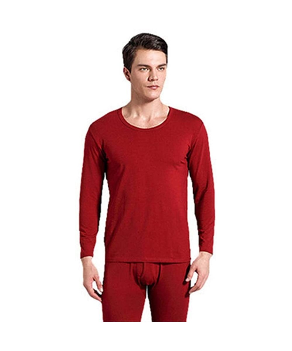 Thermal Underwear Men's Thermal Underwear Tops Base Layer Long Sleeve Shirts - Wine Red - CV1922X8Z5A