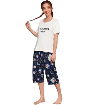 Sets Women's Cartoon Letter and Fries Short Sleeve Tee and Pants Pajama Sets - White Galaxy - CA198KGYQ96