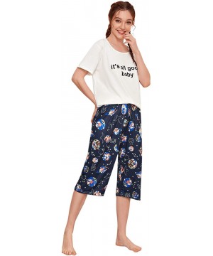 Sets Women's Cartoon Letter and Fries Short Sleeve Tee and Pants Pajama Sets - White Galaxy - CA198KGYQ96